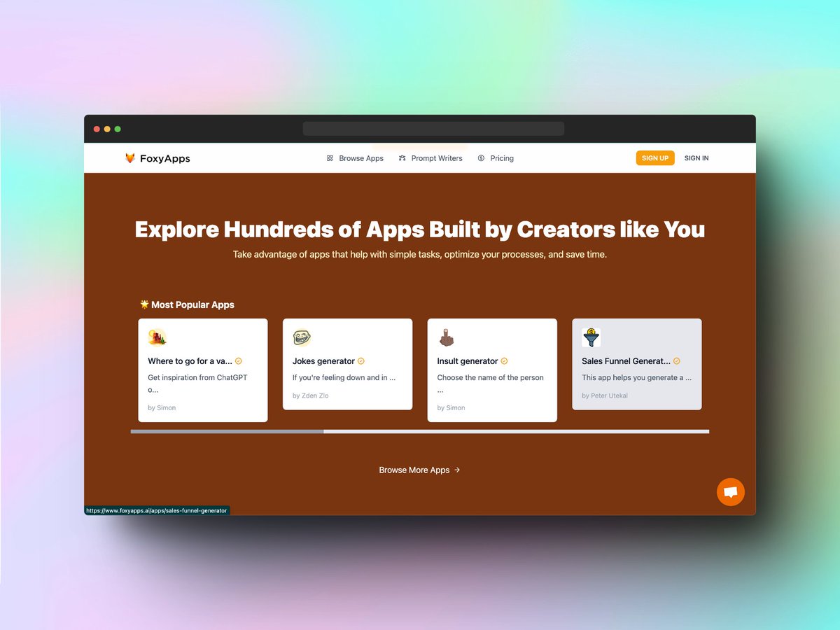🚨 NEW TOOL ALERT 🚨

FoxyApps

<a href="/foxyappsAI/">FoxyApps</a> helps you create AI apps without coding using ChatGPT. Easy for everyone.

Made by <a href="/iChangeTheWay/">Ivan Homola 🖖</a>