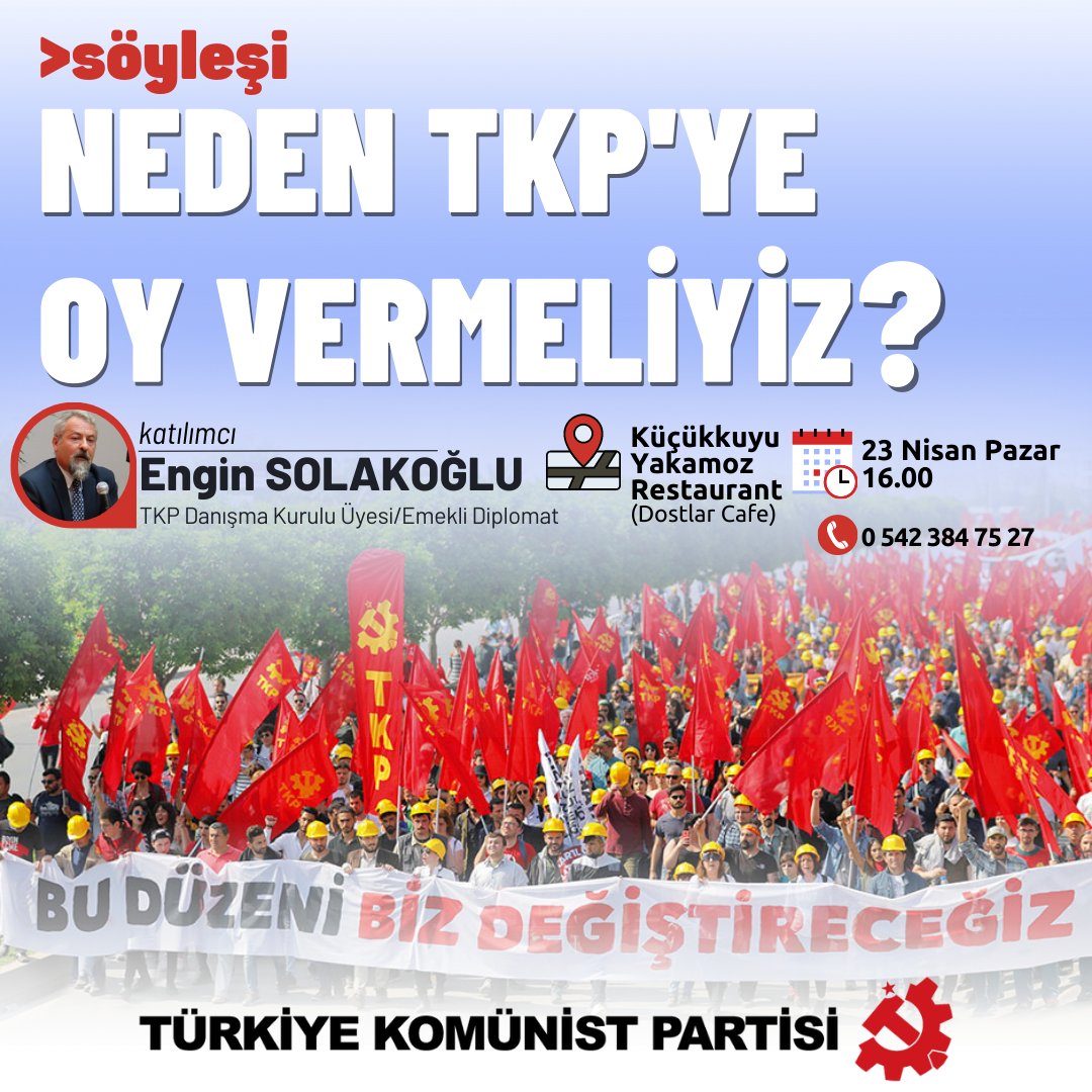 Seçim buluşmalarımız ülkenin dört bir yanında devam ediyor. Kararlıyız; emekçilerin sesini her noktaya taşıyacak, siyaseti patronlara ve yalancılara bırakmayacağız.
Sıradaki buluşmamız bu pazar Küçükkuyu'da.
#OylarTKPye 
#1oyErdoğanGitsinDiye1oyTKPye 
#TKPGelirHerŞeyDeğişir