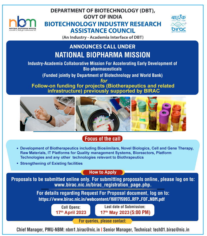 Follow-on funding call is proposed under the #NationalBiopharmaMission- @BIRAC_2012 to leverage on the supported #ecosystem and to strengthen the product pipeline in #Biotherapeutics sector.

@DBTIndia