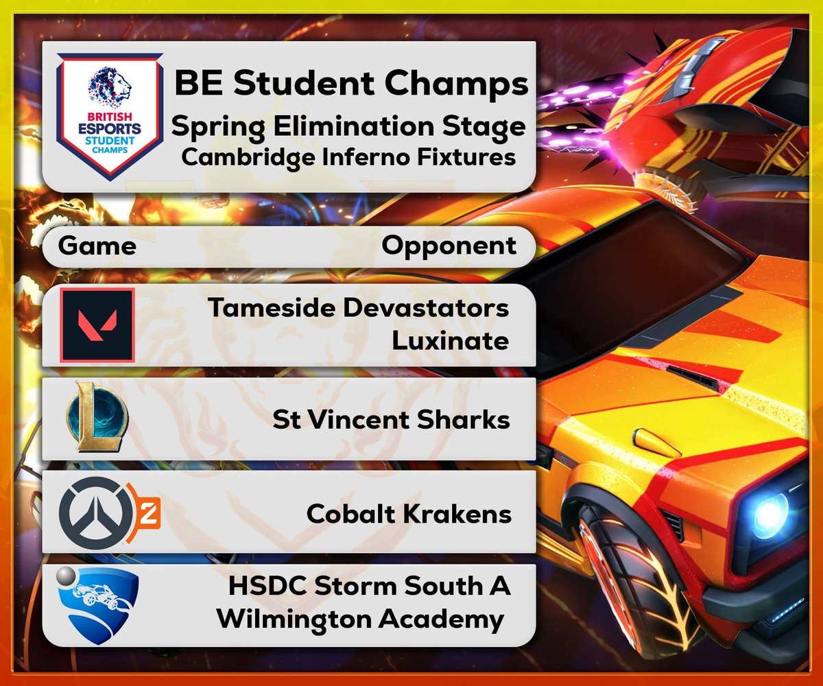 🚨This is it!🚨The <a href="/British_Esports/">British Esports</a> Student Champs Elimination stage for 22/23 🏆. All of our teams have worked super hard to get here and will continue to push as far as they can over the coming weeks. Good luck to all! Catch us live this afternoon at: twitch.tv/crc_inferno 🔥