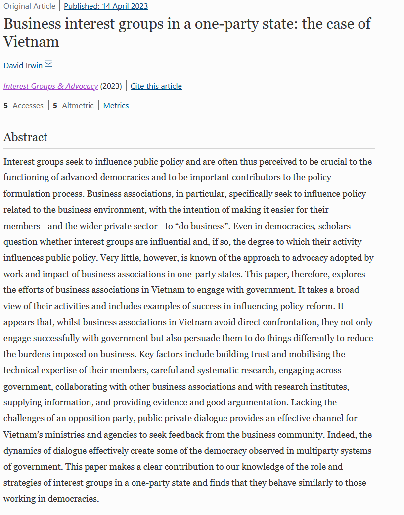 Another great article from @patibeast and my special issue of @IGA_journal on #lobbying in the Global South. This one from @drdavidirwin and focusing on #Vietnam. 👇 link.springer.com/article/10.105…