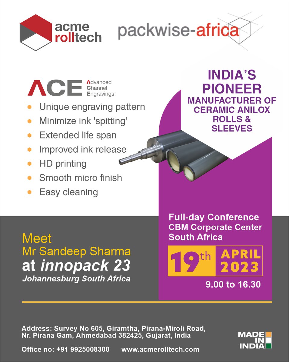 AniloxIndia's tweet photo. The much awaited event InnoPack 23 is being held in Johannesburg, South Africa on April 19. Do visit.
#Innopack #southafrica #johannesburg #packwiseafrica #acmerolltech #atac #aniloxsleeves #aniloxrolls #manufacturing #printing #ACMEinAhmedabad https://t.co/01Y7KdtUgo