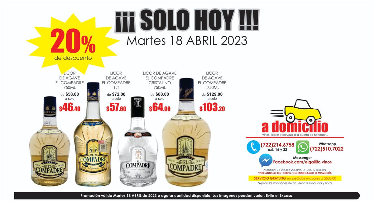 vinoselgallito's tweet photo. AMIGALLITOS….
#solohoy #martes #servicioadomicilio #amigallitos #promociones #elcompadre https://t.co/YZ9Js0h10c