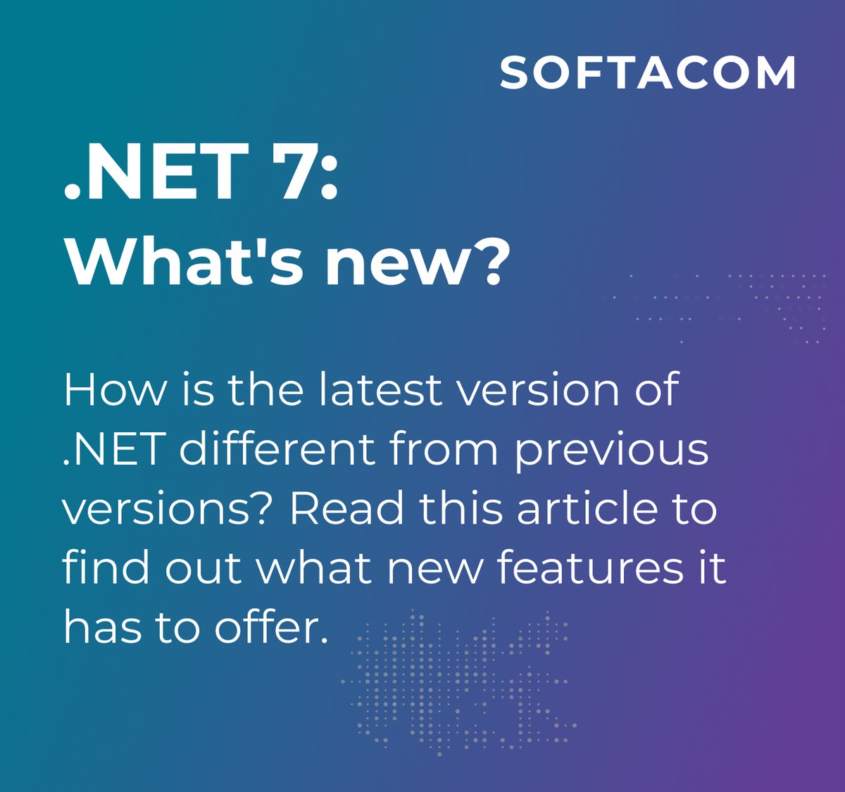 Read our new blog post and share your opinion in the comments

softacom.com/blog/net-7-wha…

#dotNET #dotNETCore #dotNETmodernization #SoftwareModernization #dotNETmigration #dotNET7