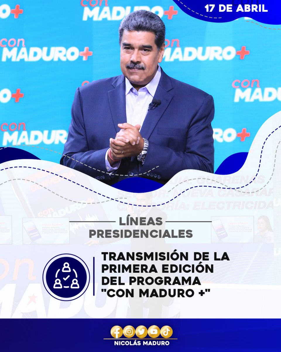 CarnetDelPSUV's tweet photo. Conoce las #LíneasPresidenciales de esta nueva etapa de la comunicación del Pdte. @NicolasMaduro
 con su Pueblo. “Con Maduro +” #3RNETS 

 @dcabellor @PartidoPSUV
@JuventudPSUV @taniapsuv @jaarreaza @FidelVasquzPSUV

#RevoluciónÉtica #18Abr https://t.co/Zi9FggSNFj