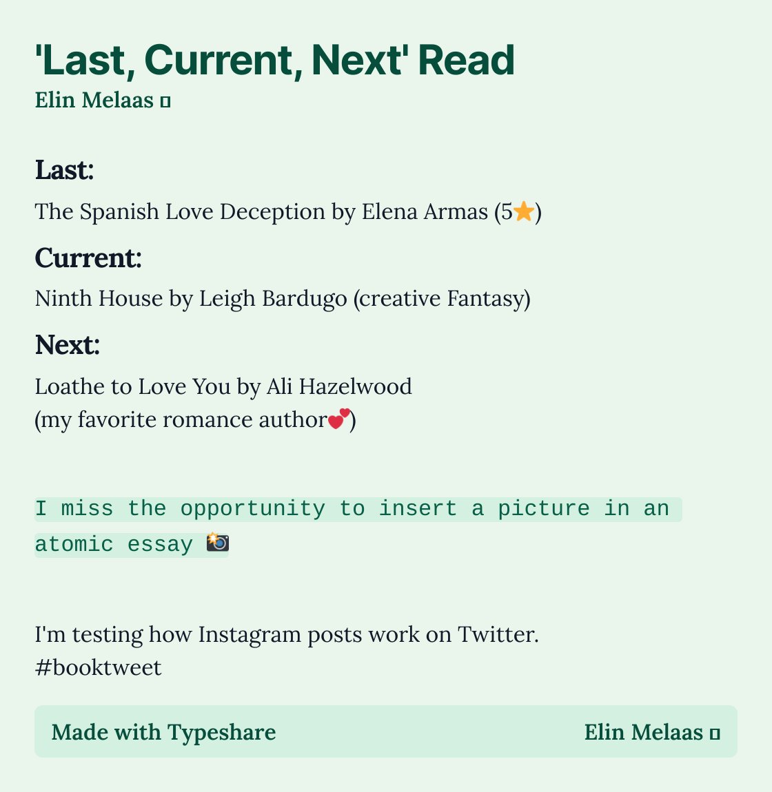 ElinMelaas's tweet photo. 'Last, Current, Next' Read
@dickiebush @Nicolascole77
#ship30for30
Day 10/30
#books #lastcurrentnext #reading https://t.co/FxyvmUHa0C
