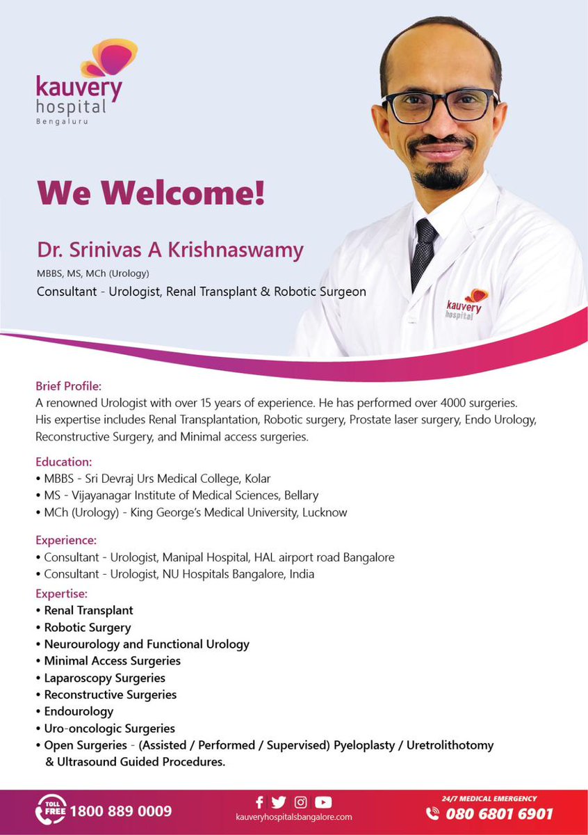 KauveryB's tweet photo. We welcome Dr. Srinivas A Krishnaswamy to the Dept. of Renal Sciences.
#kauveryhospital #doctor #welcome #renalscience #urologist #healthcare #health #surgeon https://t.co/52qAfYZfFa