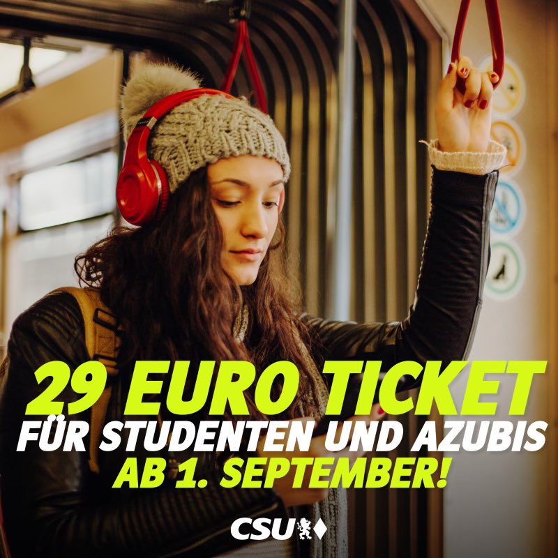 Gute Nachrichten: Für Auszubildende und Studierende in #Bayern kommt das 29-Euro-Ticket. Start ist am 1. September. Damit ergänzen wir das #49EuroTicket für alle und stellen insgesamt 400 Mio. Euro bereit. Dazu kommt das 1-Euro-Ticket für die Radmitnahme im #ÖPNV. Wir werden den…