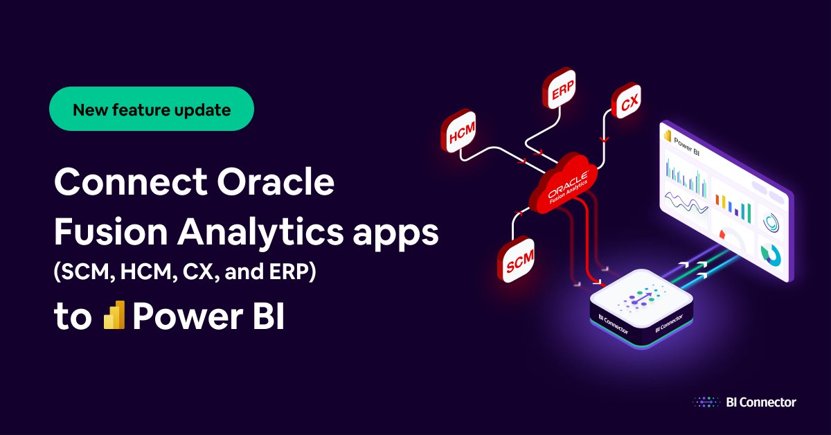 Bring #Oracle Fusion #Analytics (HCM, SCM, ERP & CX) data to #PowerBI in few easy steps! No #excel exports or #SQL queries. 

Start your 30-day free trial now: biconnector.com/power-bi-conne…

 #data #oraclefusion #oraclehcm #oraclecx #oraclescm #oracledatabase #tableau #dATAviz