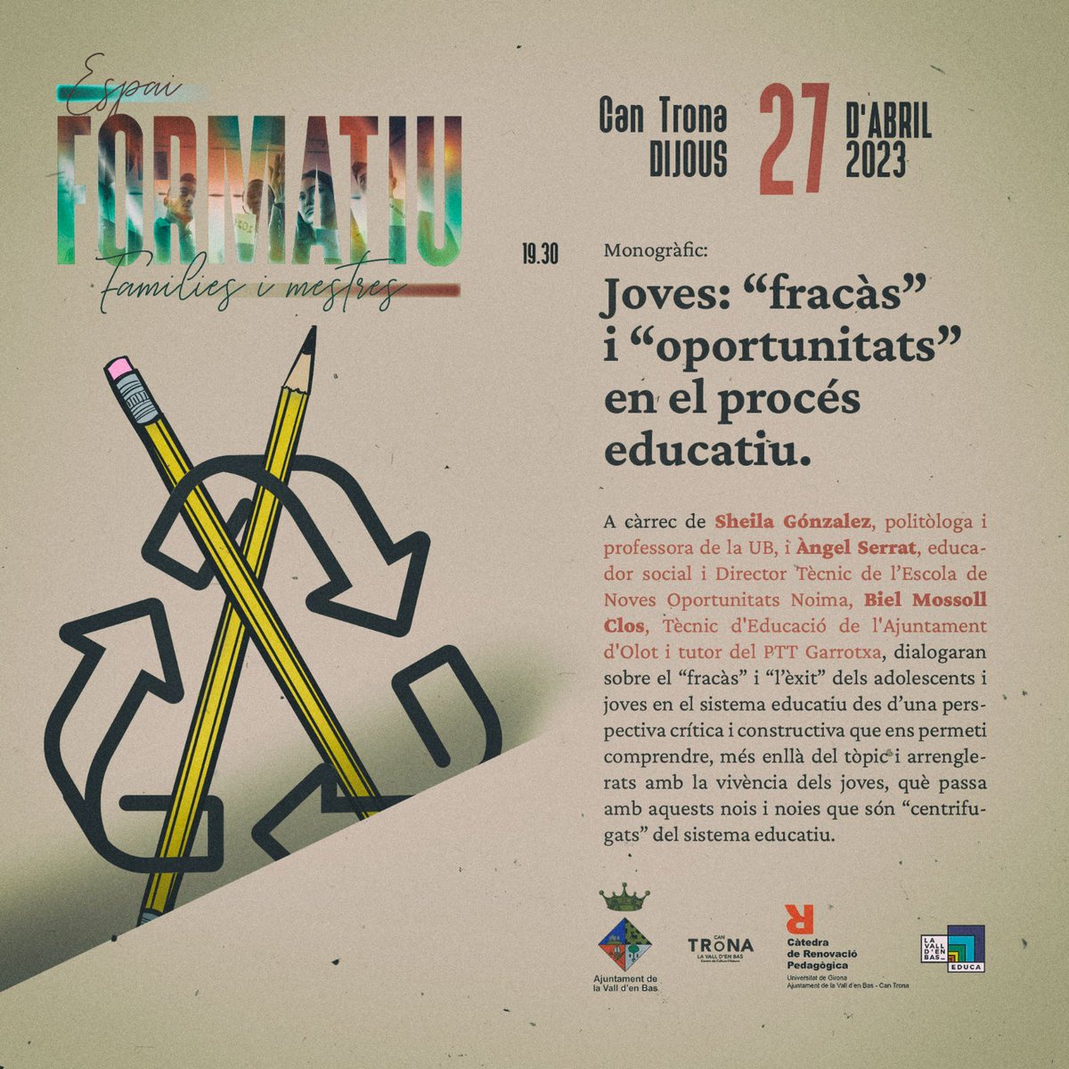 CatedraRP_UdG's tweet photo. 🗣🙋‍♀️ Quarta activitat de l'Espai Formatiu per a Famílies i Mestres de la @CatedraRP_UdG 

🔜 Monogràfic "Joves: "fracàs" i "oportunitats" en el procés educatiu"
⌚️ 27/04 - 19:30h
📍@CanTronaCNN

🚸 ACTIVITAT OBERTA I GRATUÏTA A TOTHOM
#espaifamíliesimestres https://t.co/GuNoIfXfPg