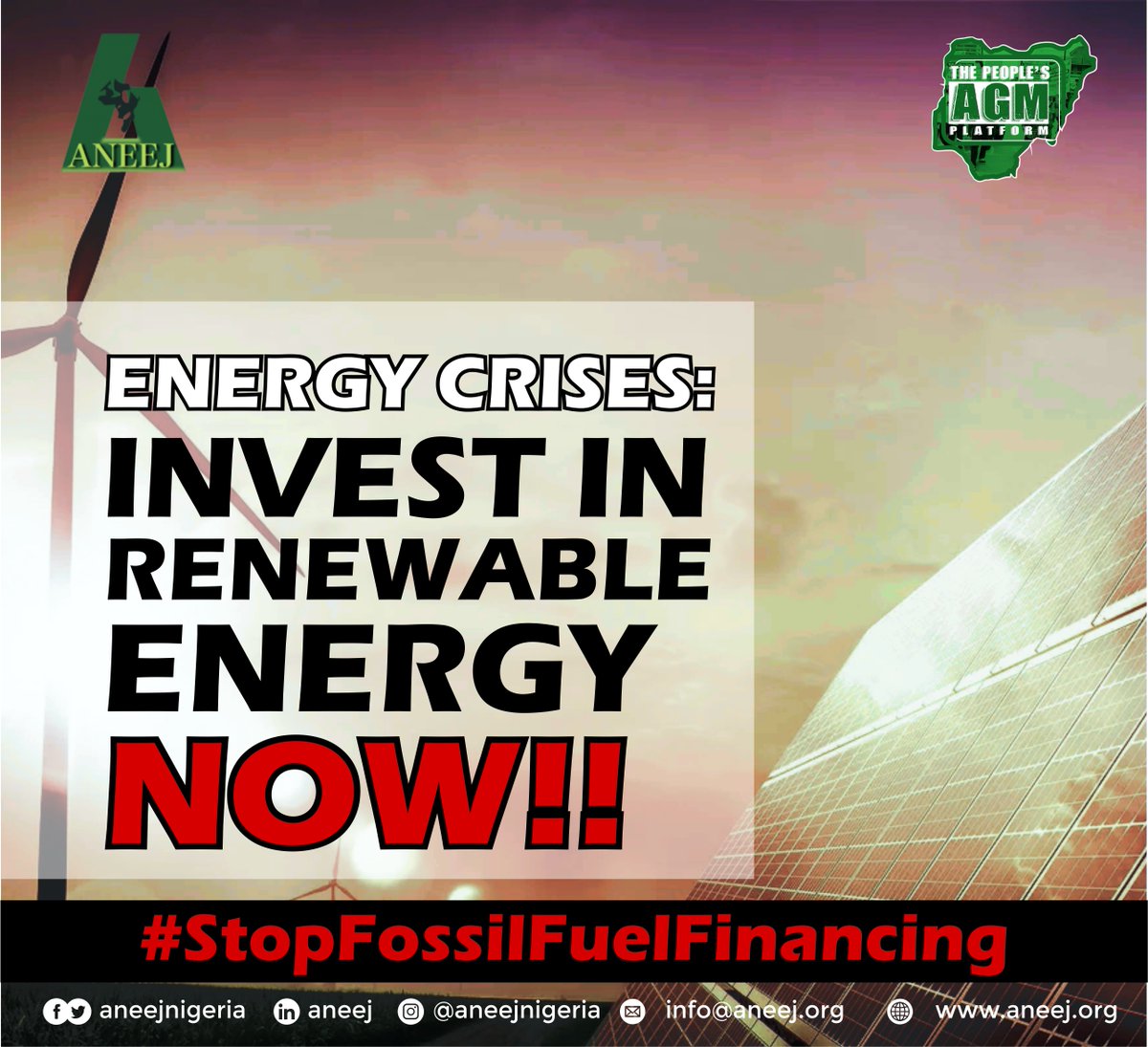 RazomWeStand's tweet photo. To solve the #EnergyCrisis, support access to clean and affordable energy for all! @WorldBankECA & @WorldBankAfrica both #Ukraine and #Africa need investments in renewables already now🍃🔋!
#StopFossilFuelFinancing #PeoplesAGM https://t.co/vgBh3H4za5