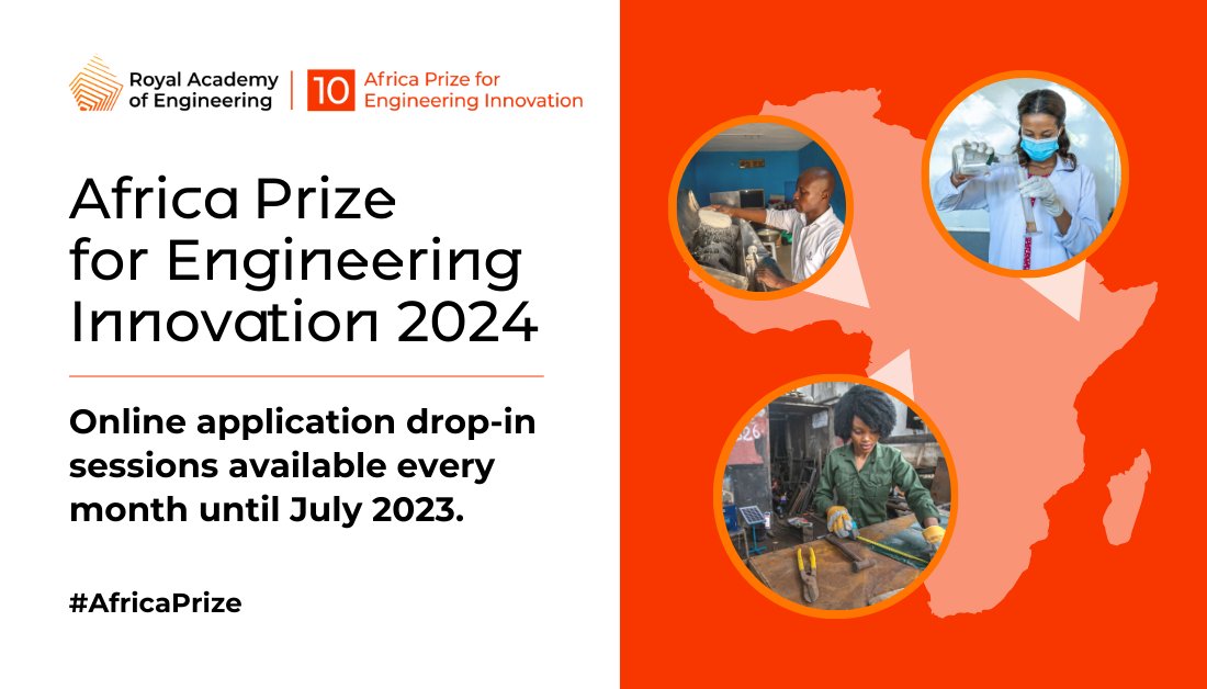 Apply for the Africa Prize for Engineering Innovation

Benefits: Up to £25k prize money, 8-month training programme, sector specific mentoring, etc.

Deadline: July 25, 2023

africaprize.raeng.org.uk/africaprize

<a href="/RAEngNews/">Royal Academy of Engineering</a>