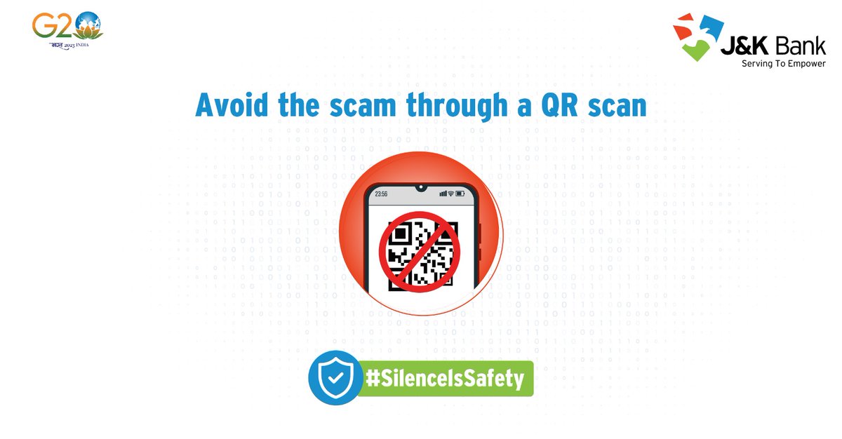 JandKBank's tweet photo. Fraudsters often trick customers into scanning QR codes using payment apps. Scan only authentic QR codes and prevent any unwanted withdrawal of money from you account.

#JKBank #SilenceIsSafety #Stayalert #Staysafe #Cybersecurityawareness https://t.co/RJtTdKQ6ND