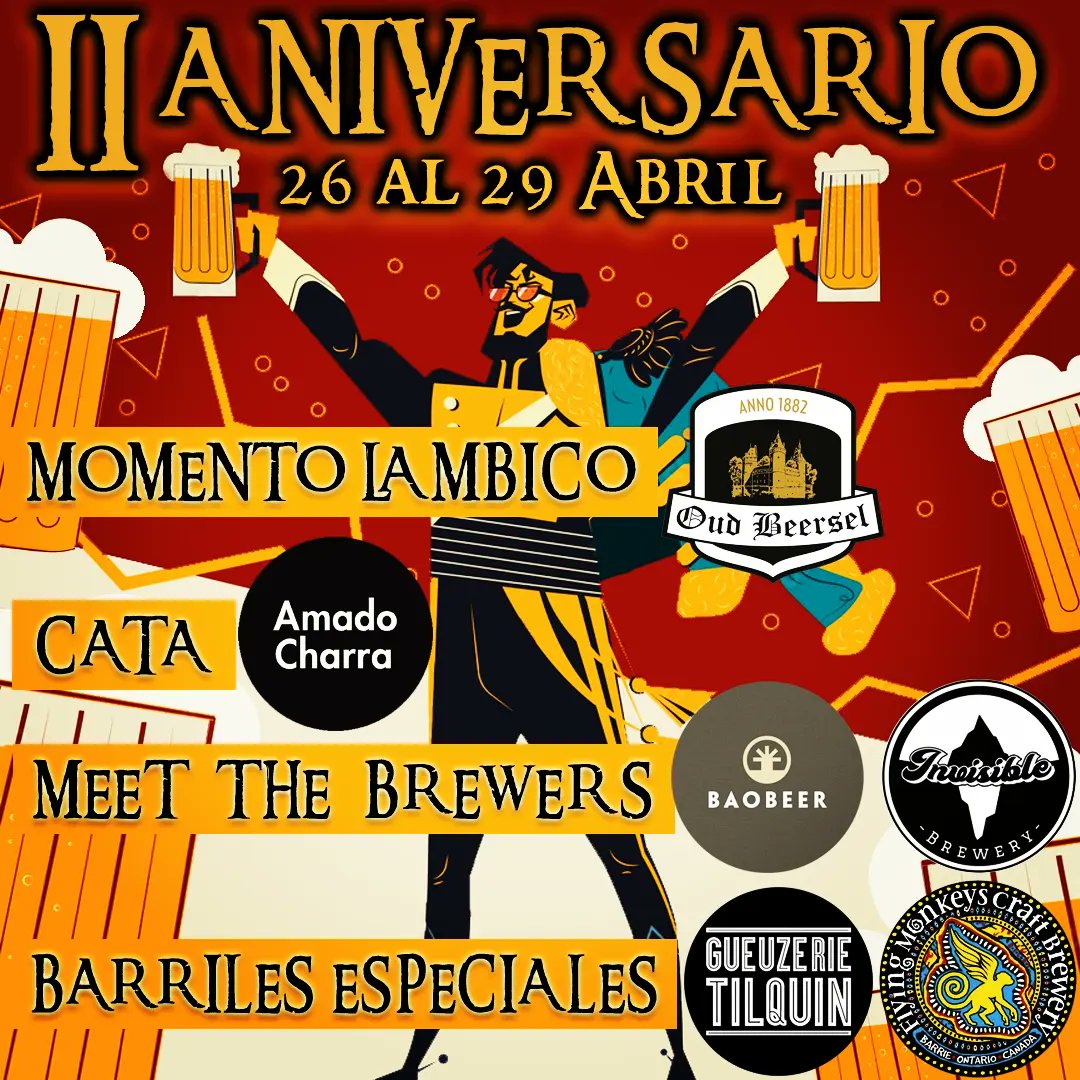 II ANIVERSARIO
DEL 26 AL 29 DE ABRIL

Barriles Especiales, Cata de Quesos, Meet The Brewers y más cosillas por La Cueva!!
Unos días para disfrutar y beber mucha y buena birra!! 

Nos vemos!!