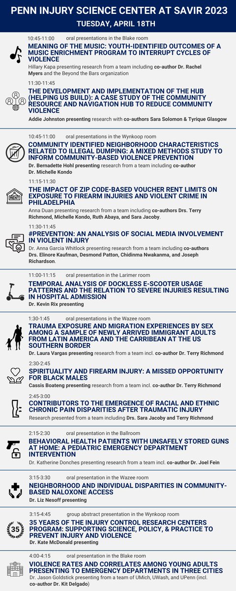There is a lot of good stuff happening on Day 2 of #SAVIR2023!

Save or screenshot this image to keep the Penn Injury presentations on your radar...