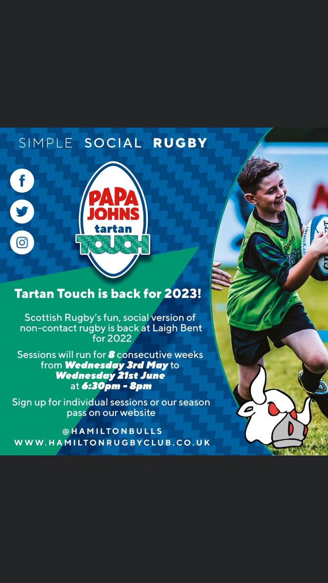 Sign ups are now live for 
@Tartan_Touch! 

See @HamiltonBulls website for all the information on how to sign up.

#HamiltonBulls 💙💚
#Rugby 🏉
#TartanTouch
#EveryonesGame
#GNRugby