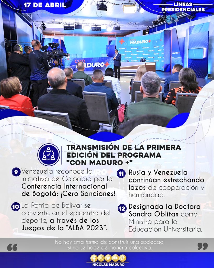 CarnetDelPSUV's tweet photo. Conoce las #LíneasPresidenciales de esta nueva etapa de la comunicación del Pdte. @NicolasMaduro
 con su Pueblo. “Con Maduro +” #3RNETS 

 @dcabellor @PartidoPSUV
@JuventudPSUV @taniapsuv @jaarreaza @FidelVasquzPSUV

#RevoluciónÉtica #18Abr https://t.co/Zi9FggSNFj