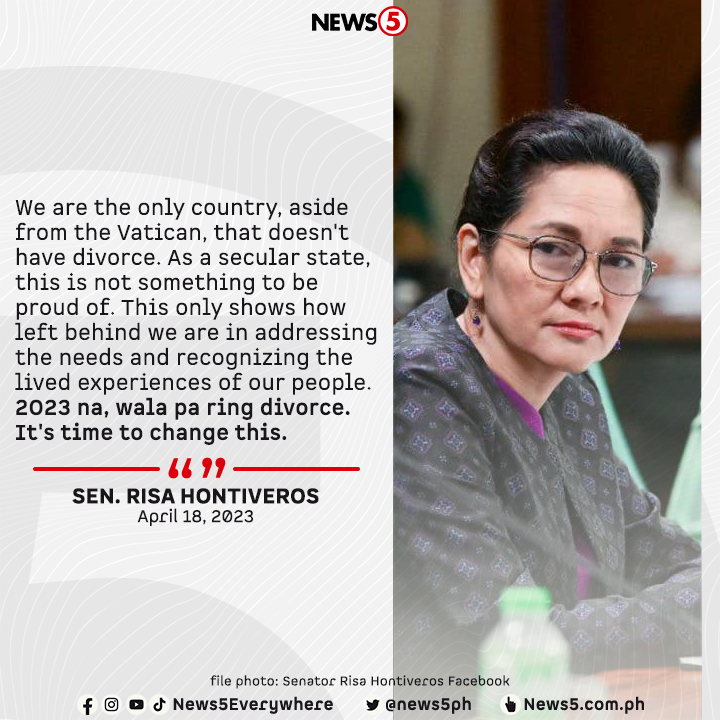 News5PH's tweet photo. '2023 NA, WALA PA RING DIVORCE.'

Muling ipinanawagan ni Sen. Risa Hontiveros ang pagpasa sa Senate Bill No. 147 o ang Dissolution of Marriage Act. Iginiit ng senadora na kailangan ito ng mga babaeng naging biktima at nakaligtas mula sa domestic abuse. #News5 https://t.co/qDa8GTaxu2