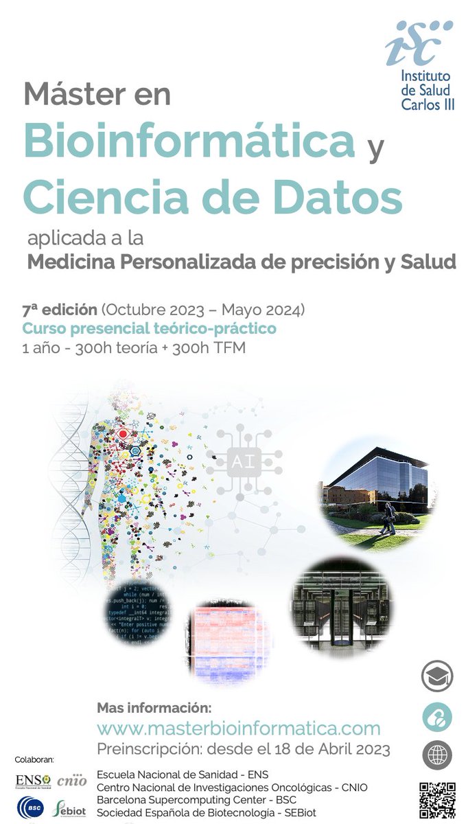 BU_CNIO's tweet photo. ¿Quieres ser bioinformático/a?👩🏽‍💻👨🏻‍💻
Ya esta abierto el plazo de pre-inscripción del curso 2023/24 del "Máster en Bioinformática y Ciencia de datos en Medicina personalizada de precisión y salud"
ℹ️ https://t.co/Zrp4NJGctq
Organizan: @SaludISCIII @CNIOStopCancer @BSC_CNS @SEBiot_ https://t.co/aFIKHADXBP