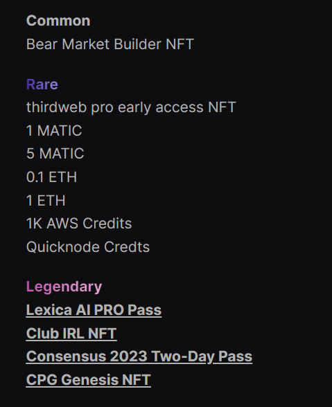 Bear Market Builders Airdrop from <a href="/thirdweb/">thirdweb</a> 
---
ใครเคย deploy smart contract ใดๆ ในเชน Ethereum / Polygon / Avalanche / Arbitrum / Optimism ช่วงปี 2022 จนถึง 1 เม.ย. ปีนี้
---
ไปรับ NFT พร้อมรางวัล (แล้วแต่ดวง) ได้ที่
👉 thirdweb.com/bear-market-ai…
