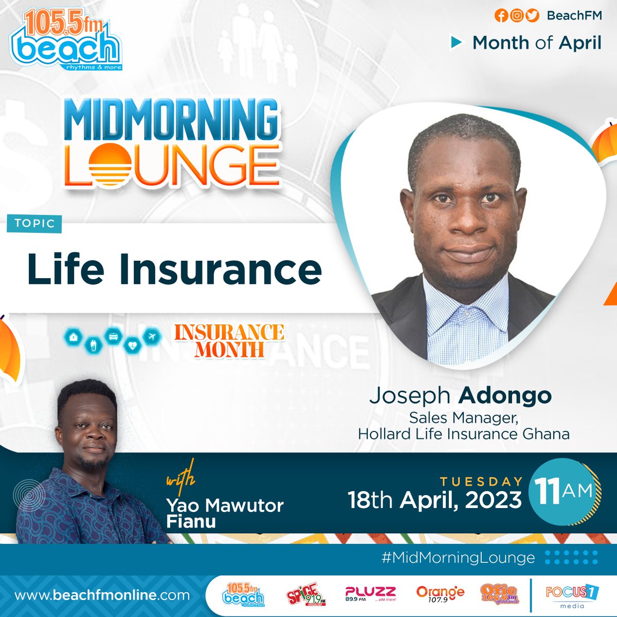 Beachfm1055's tweet photo. It’s Insurance Month on your favorite Dial Beach 105.5 fm. Joseph Adongo (Sales Manager for @HollardGhana   ) joins us on #Midmorninglounge hosted by @yaomawutorfianu today as we talk about life insurance in Ghana. #Insurancemonth #SekondiTakoradismusucleader https://t.co/DAvWc53Ij5