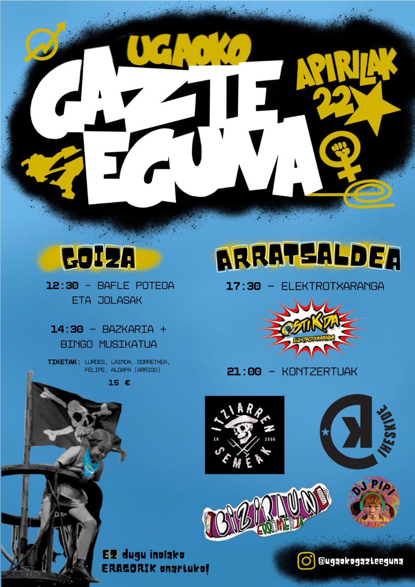 Zapatu honetan egitarau potentea izango dugu Ugaon, gazte eguna dela eta. 
☀️Egunean zehar giro ezin hobea egongo da, poteoa, jolasak, bazkaria eta elektrotxarangarekin. 
🌙Gauean, apostu indartsua egin dugu eta taula gainean <a href="/ItzrrSemeak/">Itziarren Semeak</a> <a href="/iheskide/">IHESKIDE punkrock</a> eta Biziraun egongo dira. 🔥