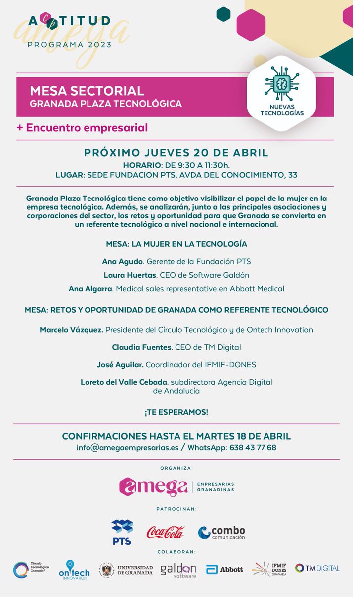 Esta semana se celebrará la II Mesa Sectorial 'Granada Plaza Tecnológica', encuentro empresarial que pretende visibilizar el papel de la mujer en la empresa tecnológica y dónde participará Claudia Fuentes, gerente de #TMDigital y miembro de nuestra junta🙌

#AJEGranada #YosoyAJE