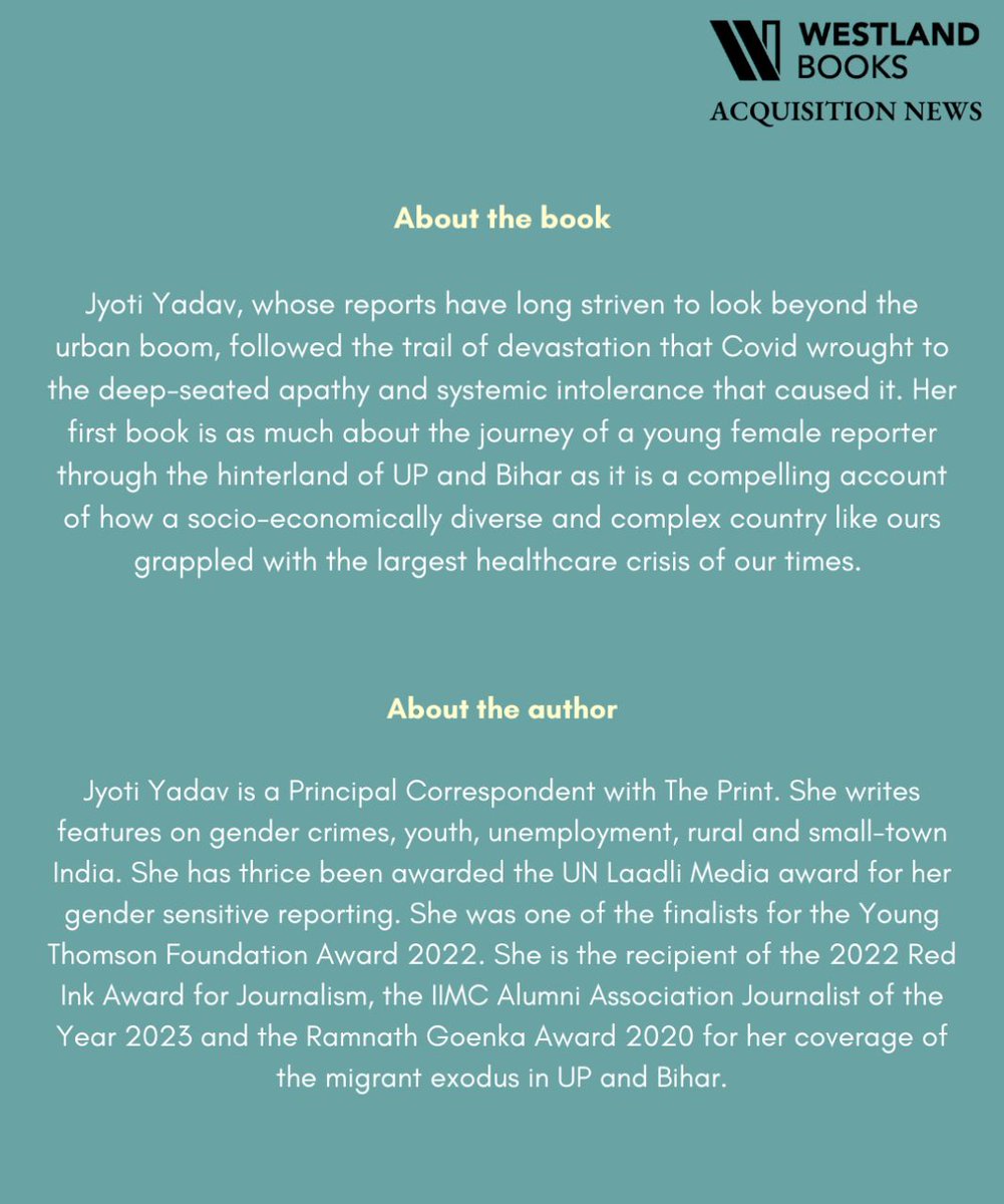 WestlandBooks's tweet photo. New Acquisition News! 
Westland Non-Fiction to publish two books by award-winning journalist @jyotiyadaav. 
The first book, based on her coverage of the two Covid waves, will be out in 2023. 

@ThePrintIndia @ShekharGupta @renuagal @RNGoenka

#RedInkAwards https://t.co/eiICOqJLiH