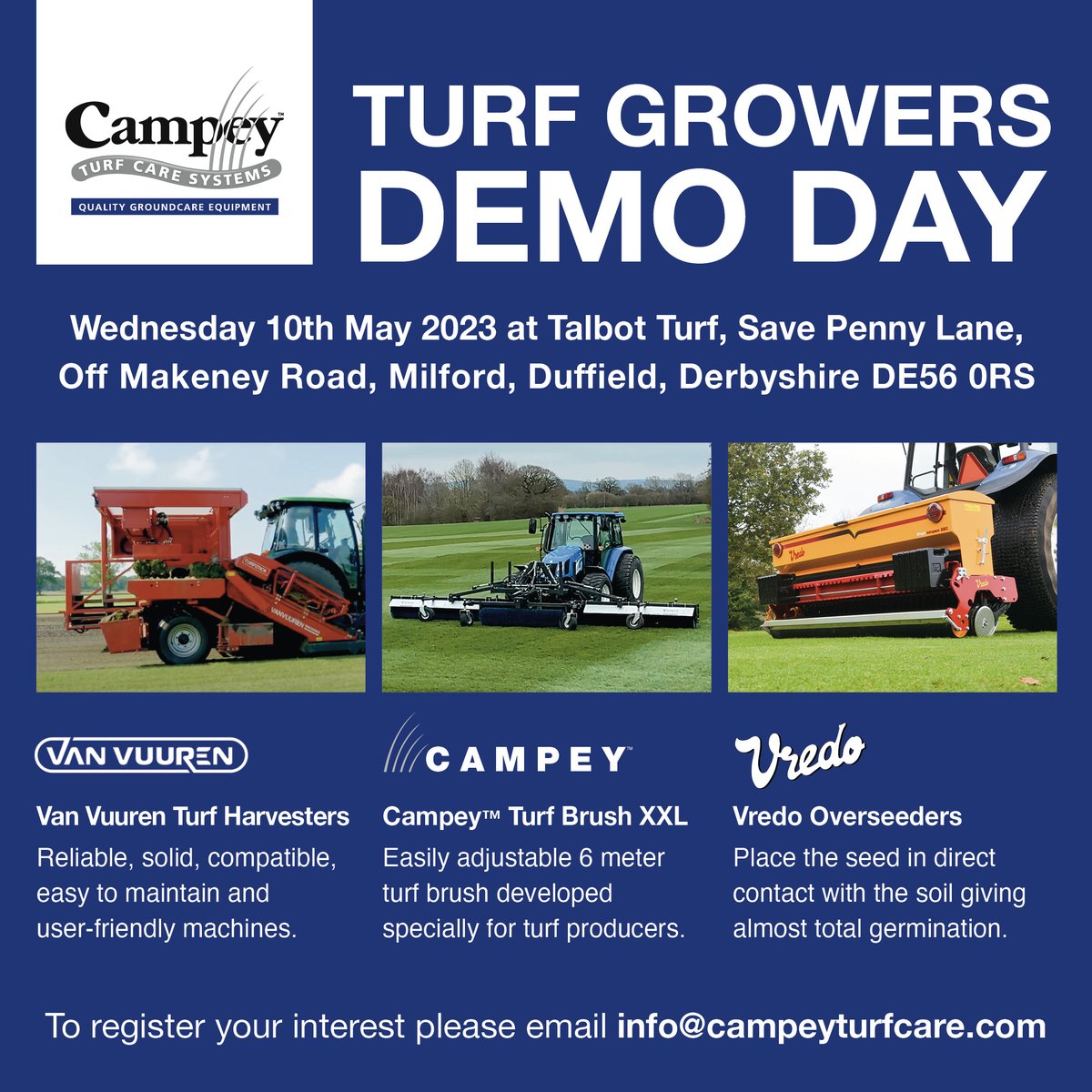 CampeyTurfCare's tweet photo. 📣 Calling all #TURF #GROWERS 🌱

We are hosting a demo day:
📅 Wednesday 10th May from 9.30am
🌱 Talbot Turf Farm, Milford, DE56 0RS
🚜 #turf #harvesters #CampeyTurfBrushXL @VredoDodewaard #Overseeders

Register your interest by calling 01260 224568 or  info@campeyturfcare.com https://t.co/9IlfT7SFl7