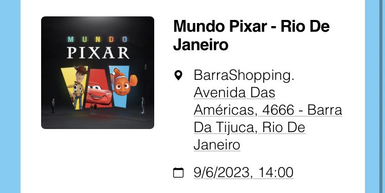 ItsAlineAlmeida's tweet photo. VENDO INGRESSO PARA O MUNDO PIXAR DIA 09/06 14h

Meia entrada 50,00 https://t.co/qF5Z17E9cr