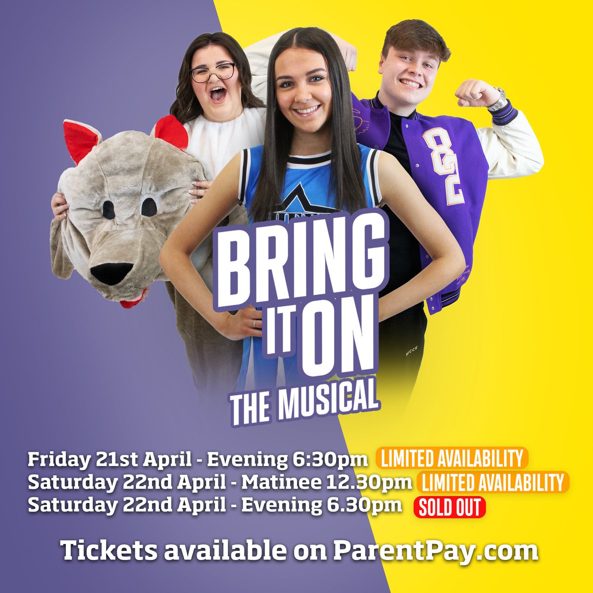 LIMITED TICKETS AVAILABLE
This year's Wyke College Production, Bring It On, has almost fully sold out!
Head to ParentPay.com to secure one of the last remaining tickets for either the Friday evening performance, or the Saturday matinee.
This is not a show to be missed!