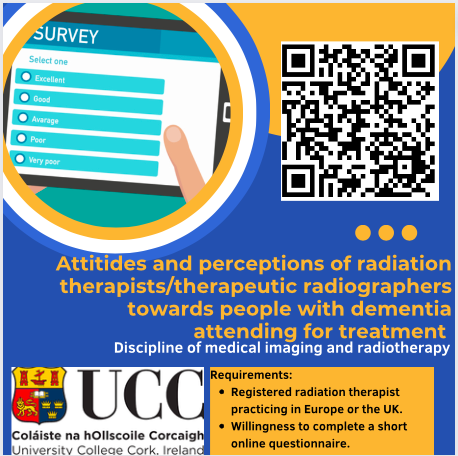 Calling all radiation therapists/therapeutic radiographers in Europe and the UK to participate in a questionnaire on attitudes and perceptions of staff towards people with dementia attending for radiotherapy.

ucc.qualtrics.com/jfe/form/SV_6A…