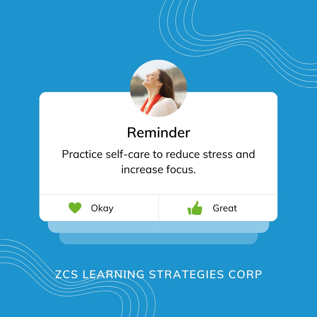 zcs_learning's tweet image. Self care is important. Taking time to care for yourself can help reduce stress and give you the focus you need to get things done.   
#zcslearningstrategies #digitalageoflearning #scenariobasedlearning #scenarios #storytelling #learningdesign #elearning