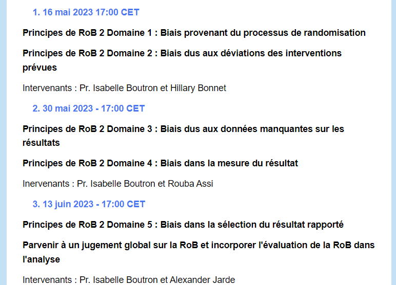 💻Inscrivez-vous aux webinaires portant sur l'outil #RiskofBias2
🗓️Webinaires en français d'une heure se déroulant plusieurs mardis à 17h (CET) entre mai et juin
🗣️Rencontrez des experts lors de sessions détaillées sur les cinq domaines 
🔗Plus de détails t.ly/dUcN