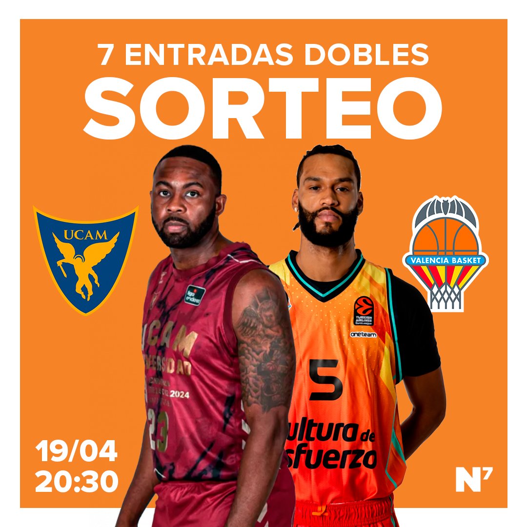 N7netcom's tweet photo. 💥 SORTEO EXPRESS 24H ⌛

🏀 Sorteamos 7 entradas dobles para el
@ucammurcia - @valenciabasket que se disputará mañana en Murcia a las 20:30.

👉 Para participar:

1️⃣ RT a este tweet
2️⃣ Mencionar en comentarios a tu acompañante
3️⃣ Seguir a nuestro perfil

🍀 ¡Suerte! https://t.co/6s9fZGfLCi