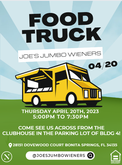 Monterra_Fl's tweet photo. We are excited to welcome @ Joe's Jumbo Wieners to the community this Thursday, April 20thfrom 5- 7:30 PM

#WeLoveOurResidents #FoodTruck #FoodTruckEvent #Springtime #HotDogs #Joesjumbowieners #ResidentEvents #LoveWhereYouLive #Community #LuxuryRentals #Monterra #BonitaSprings https://t.co/Ej6RNEKkkr