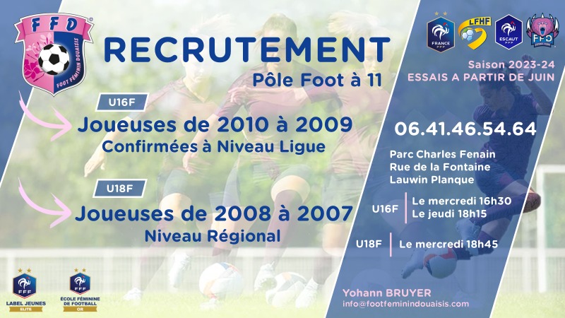FFDouai's tweet photo. 📢 L'avenir se joue aujourd'hui 
⚽Tu es née entre 2007 et 2018
⚽Tu cherches un club 💯 féminin 
Un seul numero  ☎️ 0641465464 https://t.co/IHE5EocLGu