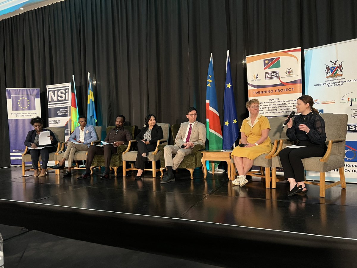 AndersAhnlid's tweet photo. Mid-term in the EU twinning project with Min of Industrialisation and Trade and @NSI_Namibia. Glad to represent @sweboardoftrade with colleagues at Namibia’s first Quality Infrastructure Forum and to meet MIT Executive Director Sikongo Haihambo. Progress is being made! #EUtrade https://t.co/pjr7Qm74gG