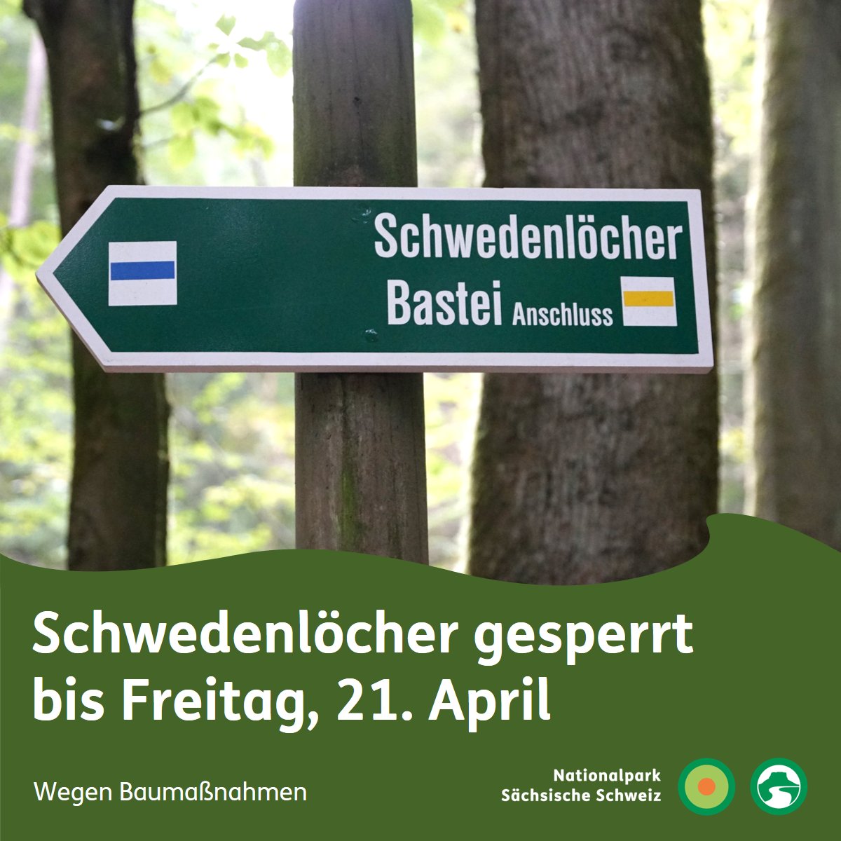 Mittwoch bis Freitag werden noch einmal Arbeiten an den Geländern in den Schwedenlöchern durchgeführt. Dafür ist der Wanderweg gesperrt.

Informationen zur Begehbarkeit von Wanderwegen: nationalpark-saechsische-schweiz.de/aktuelles/wege…