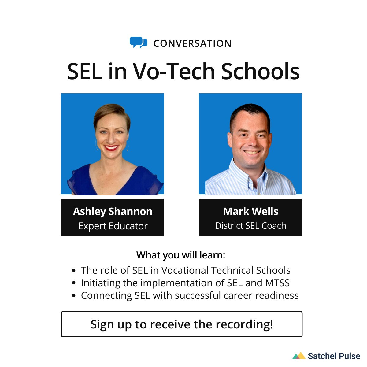 satchelpulse's tweet photo. Do you know the benefits and practical uses of #SEL in Vocational-Technical Schools?
Hear how Mark Wells prioritizes #SocialEmotionalLearning in his Vo-Tech school district!
Sign up to get the recording:
https://t.co/L9dDtgAJDE
#webinar #education https://t.co/pW0d5uyBLt