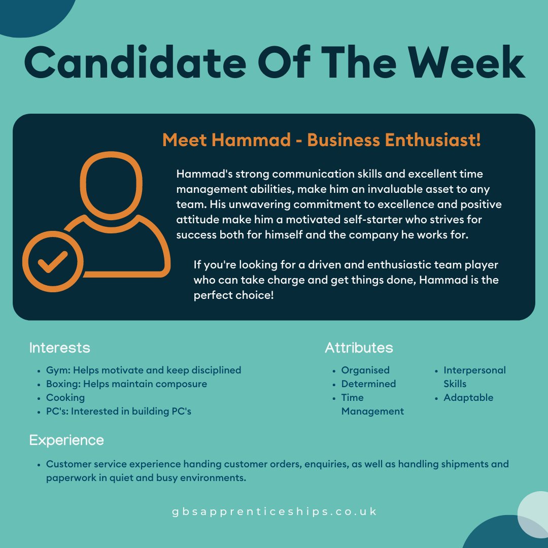 GBSApprentices's tweet photo. Calling all #Manchester based employers📣

Meet our Candidate Of The Week, Hammad!

If you would like to know more about Hammad, please feel free to reach out to Holly:
📧 holly.mason@gbs-ltd.co.uk
📱 07443 662203

#employers #candidateoftheweek #recruiting #hiring https://t.co/ZG08nqTuQL