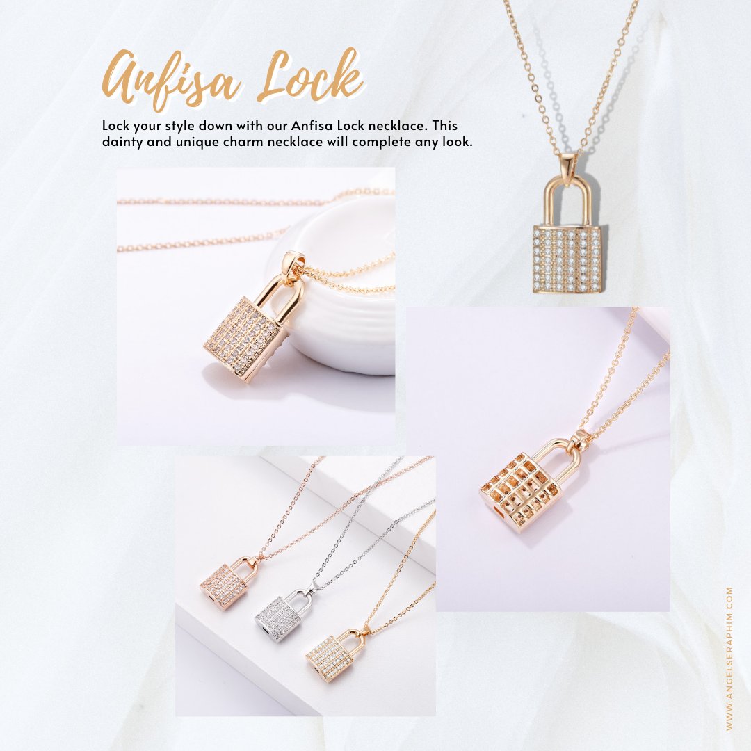 Lock your style down with our Anfisa Lock necklace. This dainty and unique charm necklace will complete any look.

✨ Available in gold, rose gold, and silver

#SERAPHIM #seraphimjewelry #seraphimpartner #jewelry #necklace #accessories #statementjewelry #gold #minimaljewelry
