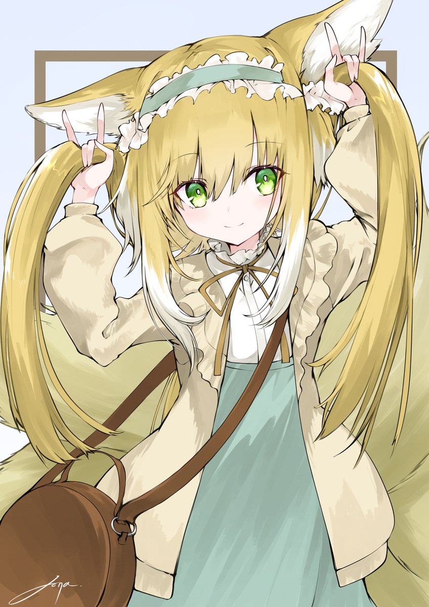 suzuran (arknights) 1girl animal ears solo green eyes tail blonde hair fox tail  illustration images