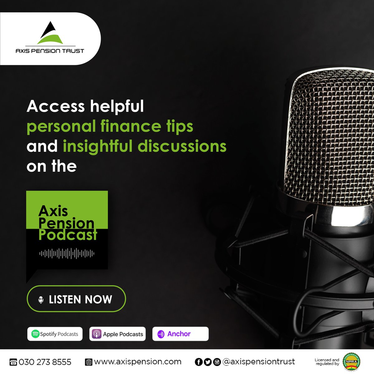 AXISPENSION's tweet image. The Axis Pension Podcast is your go-to source for expert advice and insights on retirement planning and other personal finance-related topics. Tune in, and you will be inspired to achieve financial peace of mind.

linktr.ee/axispension

#RetireInStyle #Ghana #APPodcast