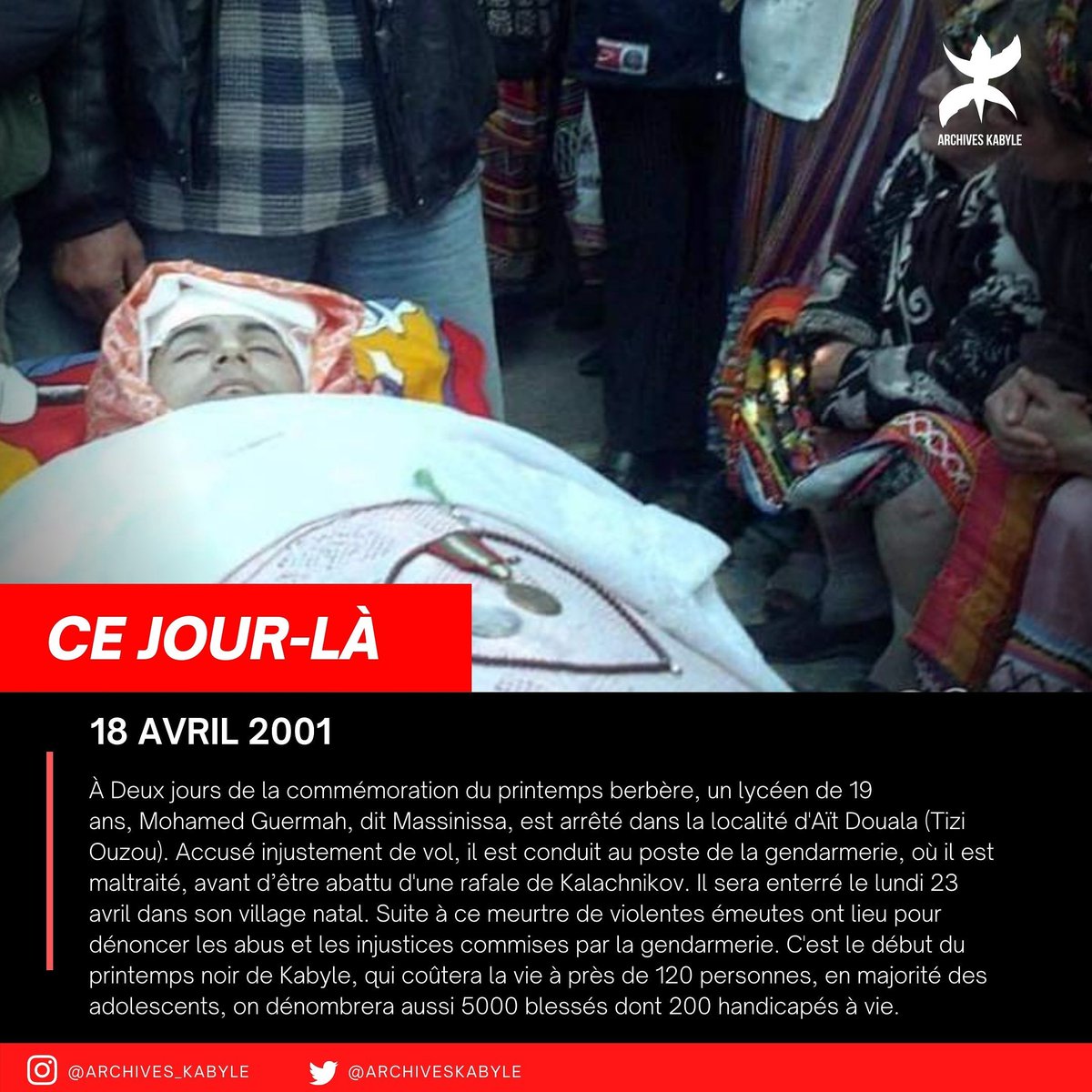 ArchivesKabyle's tweet photo. [Début du printemps noir kabyle] 

Le 18 avril 2001 un lycéen, Mohamed Guermah (dit Massinissa), est grièvement blessé par une rafale de kalachnikov dans la gendarmerie de Aït-Douala (Tizi-Ouzou). #NiOubliNiPardon https://t.co/JPQB4aS8Uy
