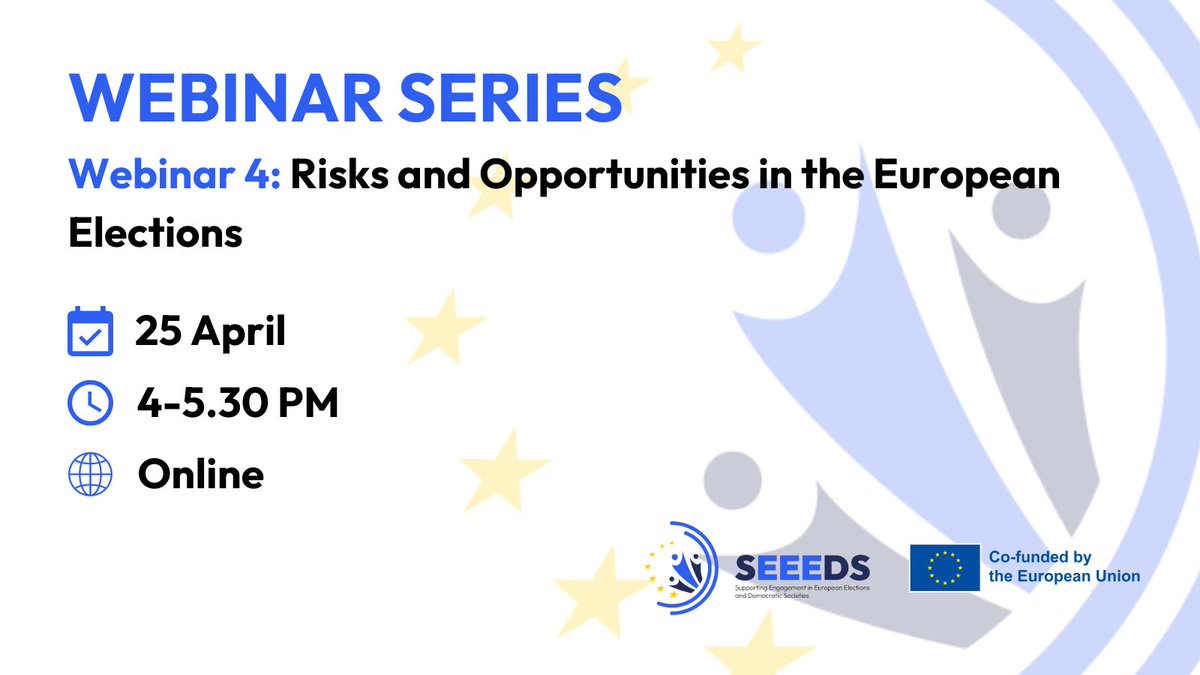 EPDeu's tweet photo. 🇪🇺 What are the risks and opportunities in European elections?
📅 Join us for the #SEEEDS webinar on April 25 to discuss the rule of law crisis, foreign interference, and more.
Register now ➡️ https://t.co/52ldlxxLjS
@DemocracyR @EPDE_org @ElectionEu https://t.co/iiCc0oa3no