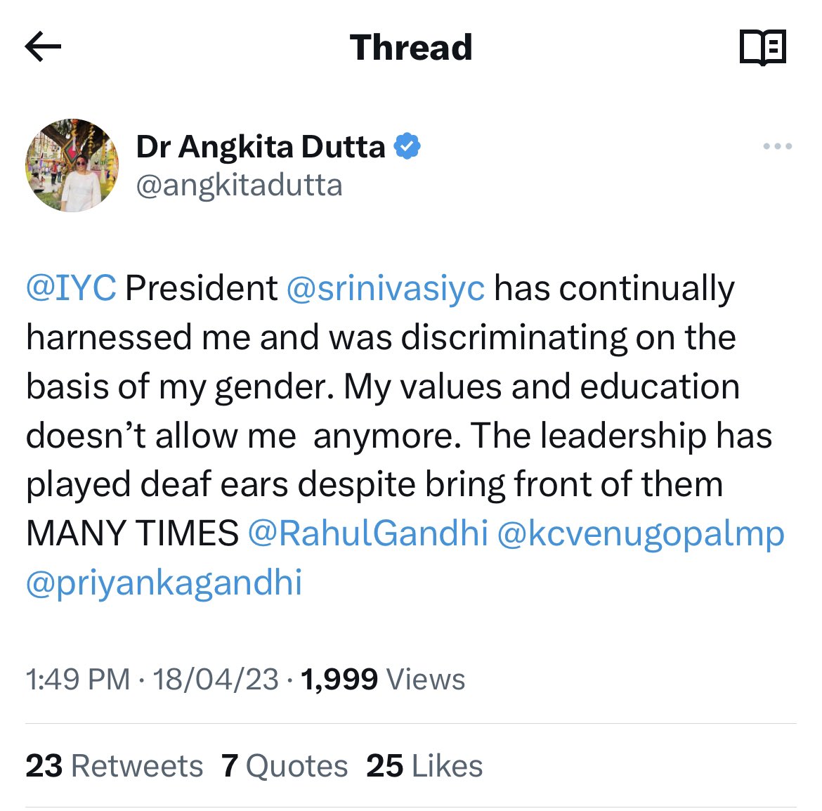 erbmjha's tweet photo. For all “Ladki Hoon, Ladd Sakti Hoon” that @priyankagandhi propagates, she initiates no inquiry against her lapdog @srinivasiyc who has allegedly harassed and discriminated against a woman leader from Assam, @angkitadutta 

Where are your morals and liberal values, @RahulGandhi? Is your own party no longer safe for women?