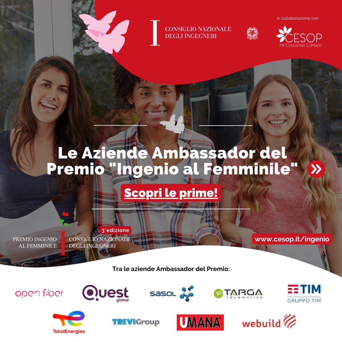 Cesop HR Consulting Company (@cesopcom) on Twitter photo 🤝 Collaborazione, impegno, talento e innovazione.
Il secondo slot di Aziende Ambassador del premio:
<a href="/OpenFiberIT/">Open Fiber</a> , Quest Global, <a href="/SasolSA/">Sasol</a> , <a href="/TargaTelematics/">Targa Telematics</a>, <a href="/TIM_Official/">TIM Official</a> , <a href="/TeamTotalEnrg/">Team TotalEnergies</a> , Trevi Group, UMANA, <a href="/Webuild_Group/">Webuild</a>
#ingenioalfemminile 🤝 Collaborazione, impegno, talento e innovazione.
Il secondo slot di Aziende Ambassador del premio:
<a href="/OpenFiberIT/">Open Fiber</a> , Quest Global, <a href="/SasolSA/">Sasol</a> , <a href="/TargaTelematics/">Targa Telematics</a>, <a href="/TIM_Official/">TIM Official</a> , <a href="/TeamTotalEnrg/">Team TotalEnergies</a> , Trevi Group, UMANA, <a href="/Webuild_Group/">Webuild</a>
#ingenioalfemminile