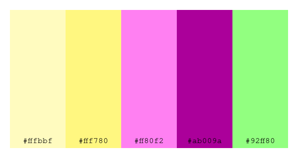 ColPaletteBot's tweet photo. Beep beep, here's a pretty color palette for you!
color-scheme.js parameters used:
- hue: 320
- variation: default
- colors: #fffbbf, #fff780, #ff80f2, #ab009a, #92ff80
Have a lovely day!
#twitterbot #colorpalette #colors #palette #prettycolors https://t.co/RL0tmgeigB