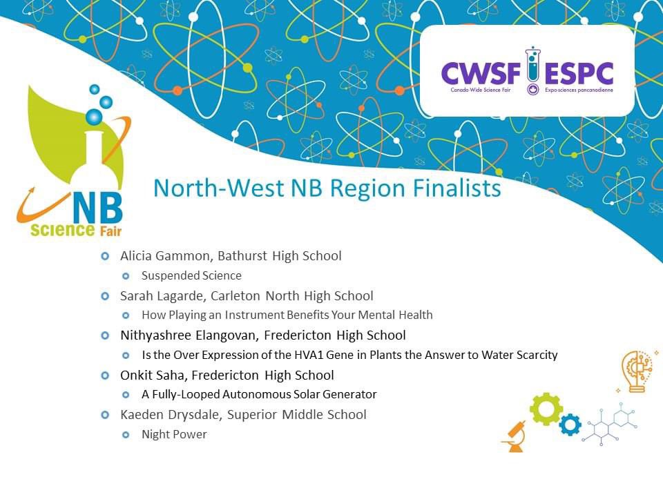 science_east's tweet photo. Congratulations to the North-West NB and South-East NB Region Finalists moving on to participate at the CWSF in Edmonton, AB this May! #cwsf #NBScience #NBSTEM @MoltexEnergy @gaiaproject @ASD_West @ScienceWestNB @ASD_South @asdnnb @AnglophoneEast https://t.co/Vqpij7rasQ